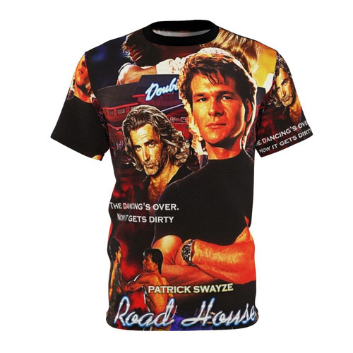 Retro-style t-shirt featuring an all-over print inspired by the iconic 1989 film Road House starring Patrick Swayze