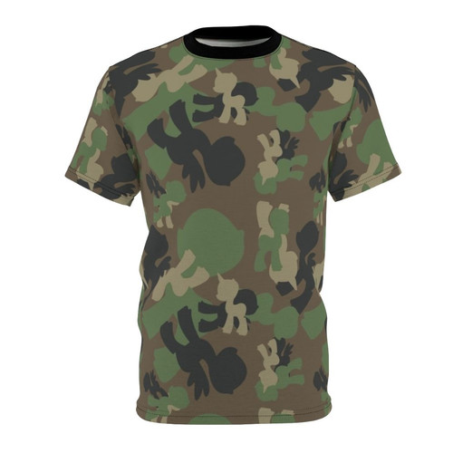 A high-quality t-shirt featuring a military-inspired woodland camo design with a pony motif, perfect for bronies.