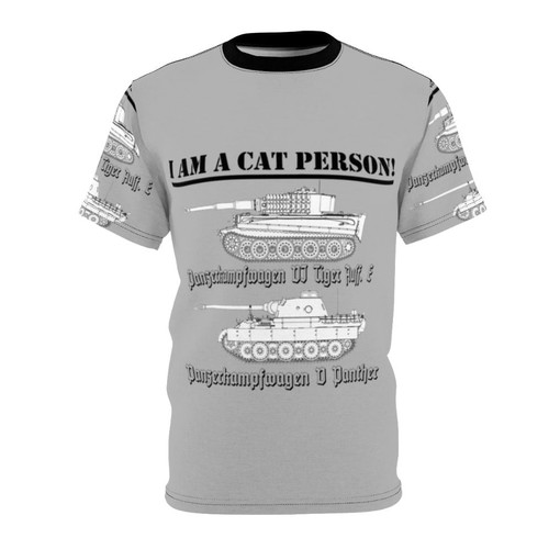 A vintage-inspired AOP t-shirt featuring a military tank design with the text "I Am A Cat Person".
