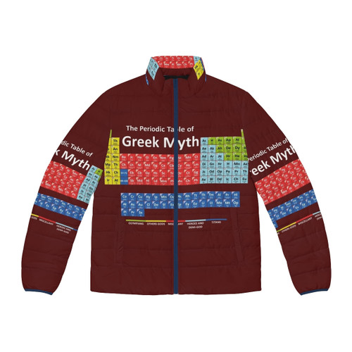 Periodic table of synthpop inspired puffer jacket with a dark, retro synthwave design