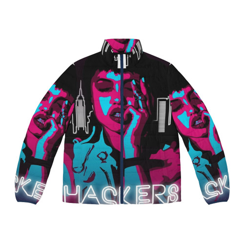 Bright neon puffer jacket with a hacker-inspired design