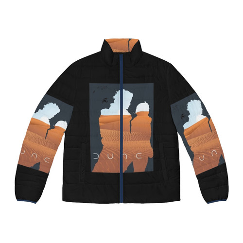 Puffer jacket featuring a dune landscape and moons of Arrakis from the Dune 2020 movie