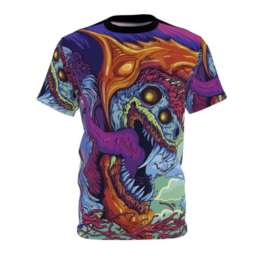 Vibrant watercolor-style t-shirt design featuring counter strike inspired elements like weapons and logos