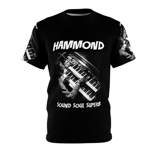 Retro-inspired t-shirt featuring a minimalist graphic design of a Hammond organ, evoking the soul, jazz, and blues music genres.