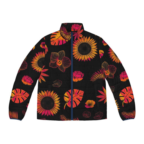 A tropical puffer jacket featuring a vibrant pattern of colorful flowers and leaves