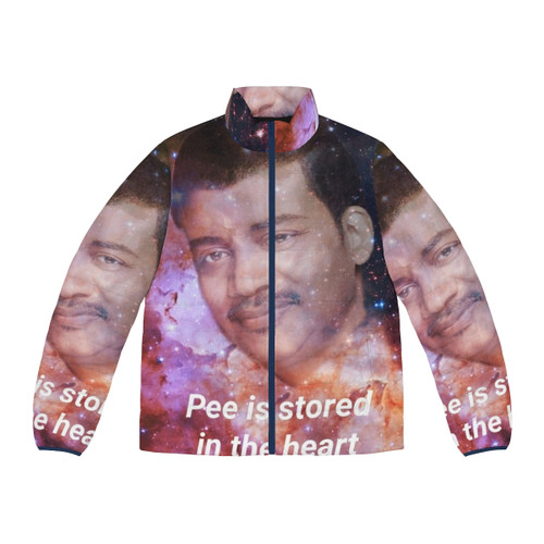 Puffer jacket with the text "Pee Is Stored in the Heart" for meme and absurdist fashion enthusiasts.