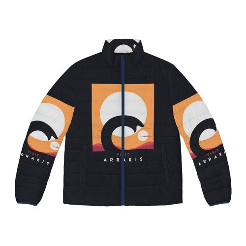 Dune 2021 Arrakis Desert Puffer Jacket featuring the iconic Dune movie poster design