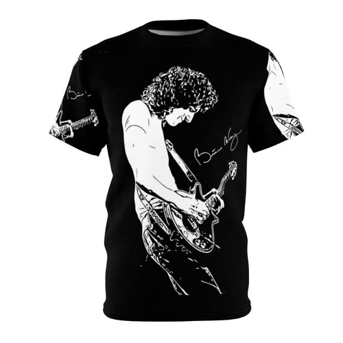 A t-shirt featuring a stylized design inspired by the legendary rock band Queen and guitarist Brian May.