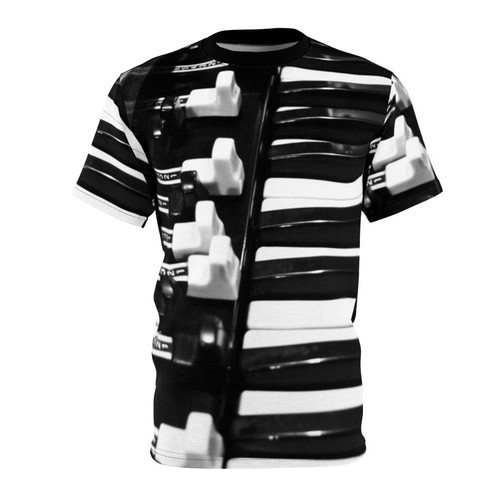 Closeup black and white image of the iconic Hammond B3 organ keys and drawbars