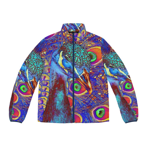 Peacock-inspired puffer jacket with vibrant, iridescent colors