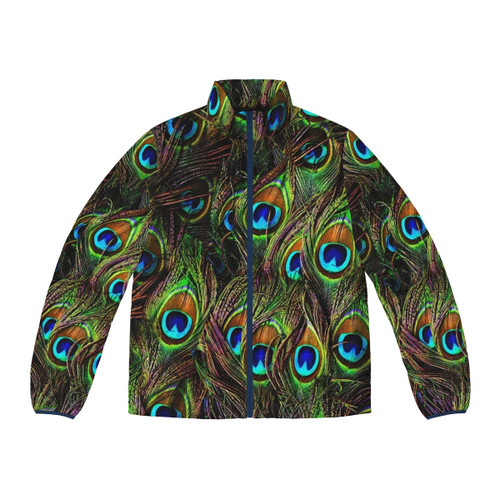 Peacock feather puffer jacket with vibrant and colorful feather design