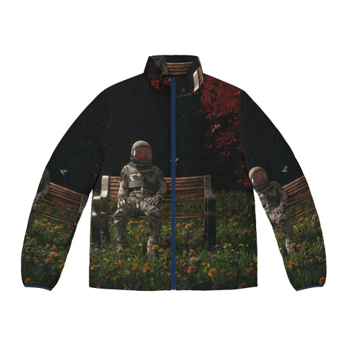 A cozy puffer jacket featuring an acrostic design celebrating the beauty of beards and facial hair.