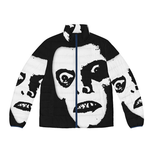 Pazuzu puffer jacket with a creepy demonic face design, perfect for horror movie fans and Halloween