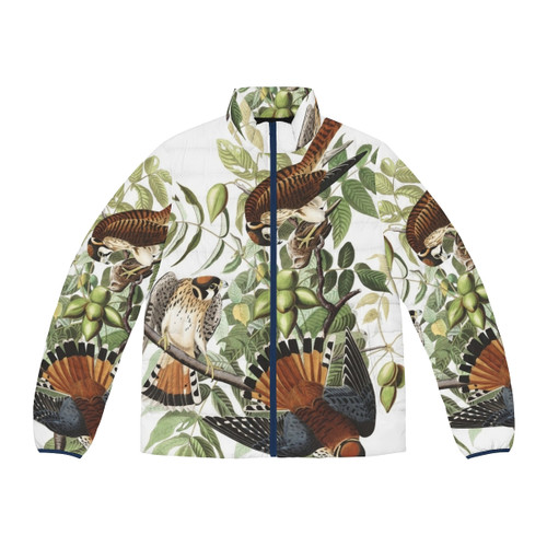 American Kestrel bird print on a puffer jacket, inspired by Audubon's wildlife art