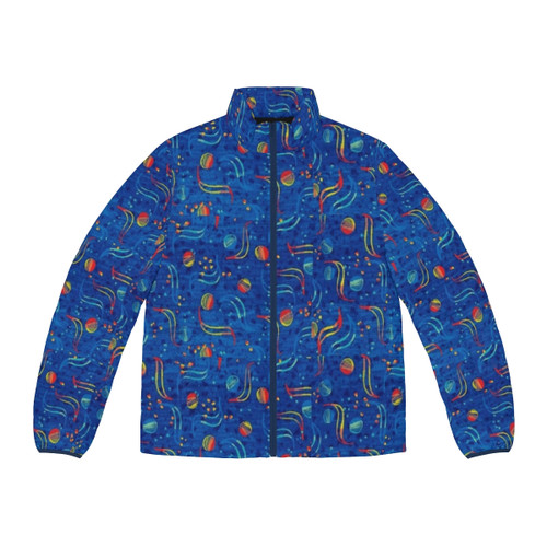 Dubstep-inspired puffer jacket with graphic design elements