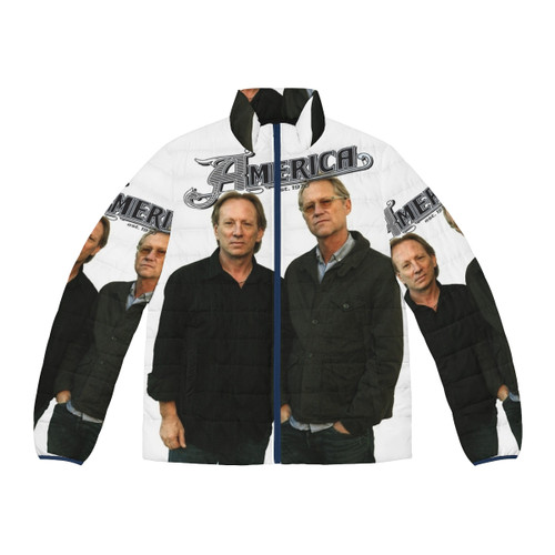 A person wearing a Colombia Cali puffer jacket standing against a city background