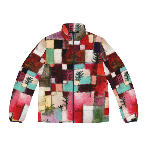 Paul Klee inspired puffer jacket featuring abstract, colorful, geometric design