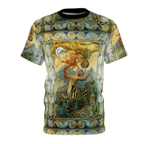 Whimsical and colorful t-shirt design featuring fantasy elements like centaurs, angels, and dragons by American artist Oliver Grimley.