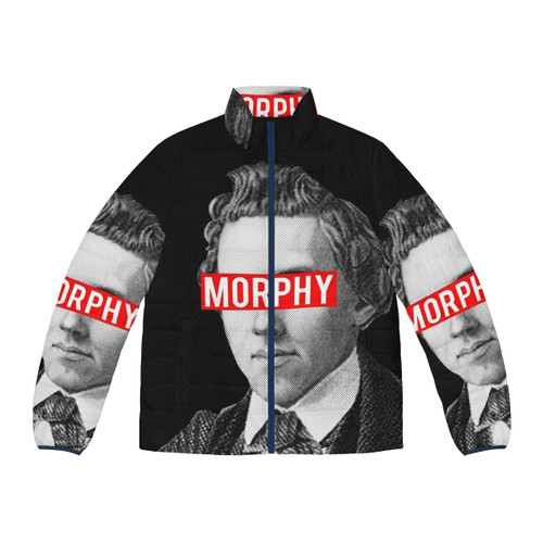 Paul Charles Morphy Chess Lover Puffer Jacket with chess board and chess pieces design