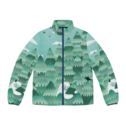 Tree Hugger Puffer Jacket with a whimsical monster or yeti-inspired design