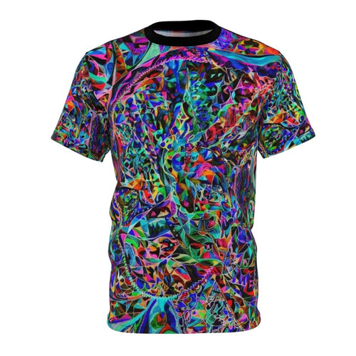 Psychedelic, trippy, and colorful t-shirt with a vibrant design for rave and festival wear