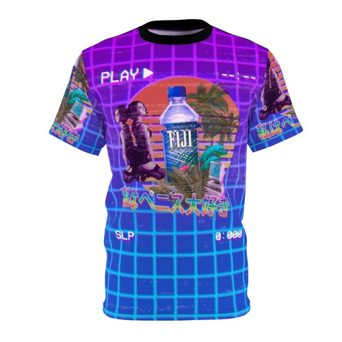 Vaporwave inspired t-shirt featuring a Fiji bottle design with palm trees, neon colors, and 80s/90s aesthetic elements