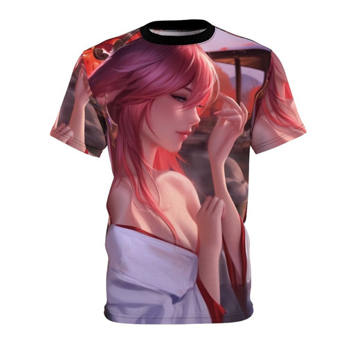 Anime-inspired T-shirt featuring the character Yae Miko from the video game Genshin Impact in a hot spring setting.