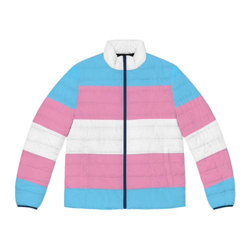 Colorful transgender flag puffer jacket with bold design