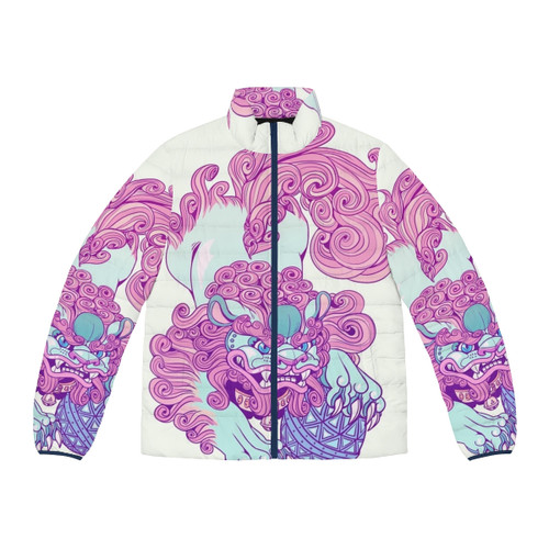 Pastel grunge puffer jacket with kawaii dog and lion fu design