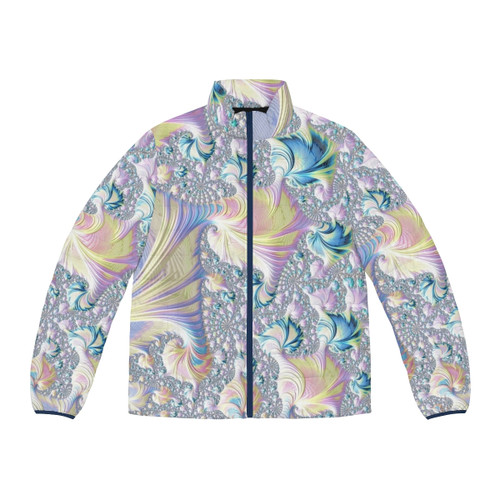 Pastel fractal puffer jacket with a colorful, psychedelic gradient pattern