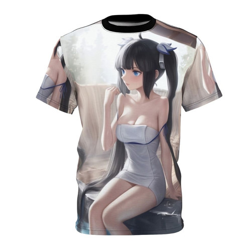 Alluring anime goddess Hestia from the anime series DanMachi (Is It Wrong to Try to Pick Up Girls in a Dungeon?) depicted in a hot spring setting on a high-quality T-shirt.