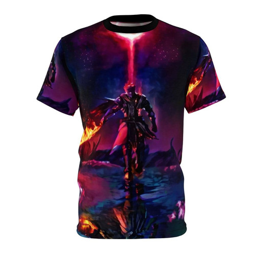 Dark fantasy-inspired AOP t-shirt with fiery boss imagery and medieval design elements.