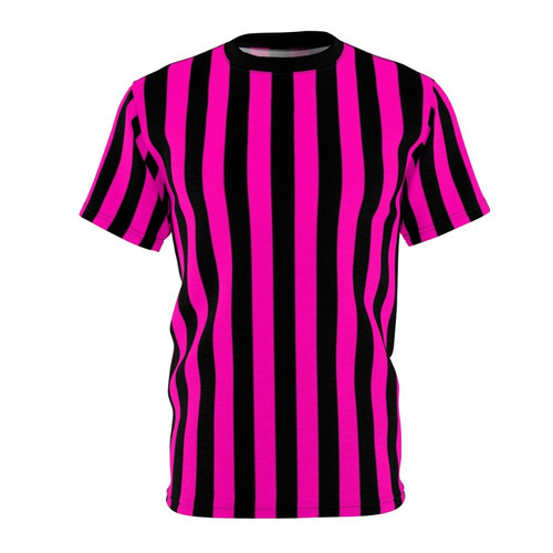 Model wearing a vibrant neon striped t-shirt in bold pink and black colors