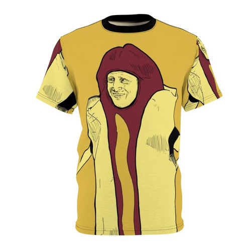 Unisex t-shirt design featuring a hot dog car crash graphic, inspired by the comedy series "I Think You Should Leave with Tim Robinson"