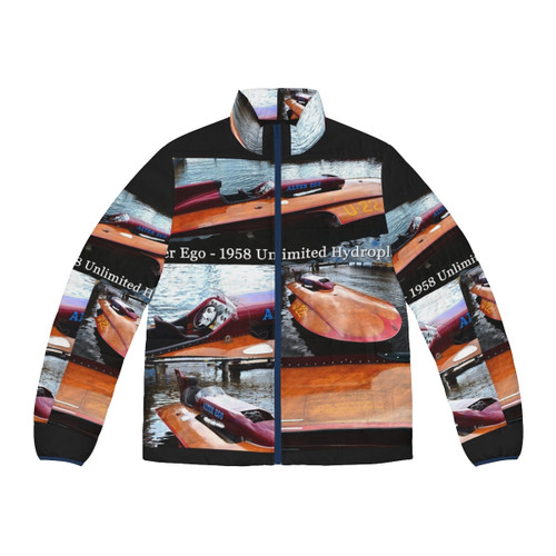1958 Alter Ego Unlimited Hydroplane Puffer Jacket featuring vintage racing boat design