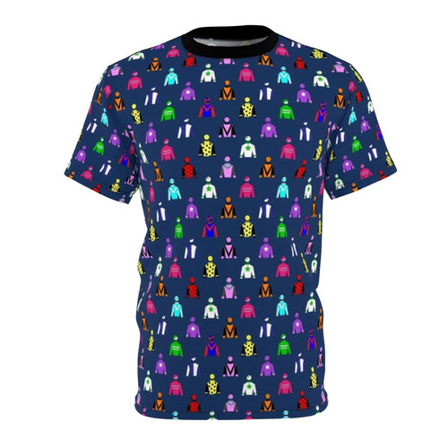 Colorful horse racing jockey silks pattern printed on a navy blue t-shirt