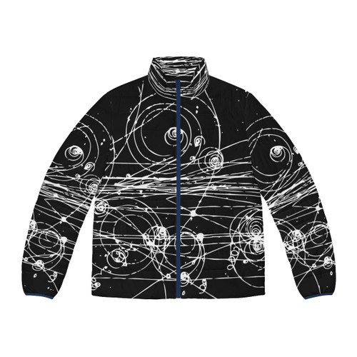 Particle Tracks Dark Puffer Jacket featuring a science-inspired design