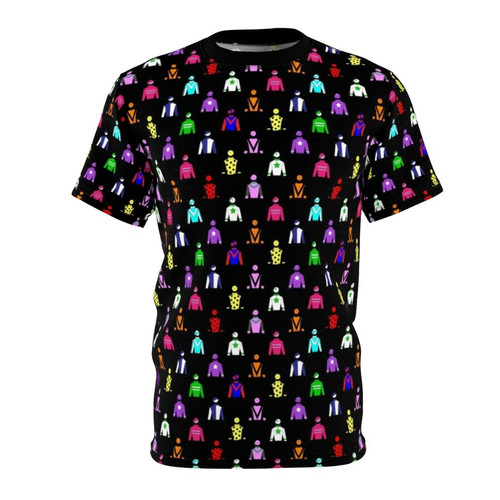 Colorful t-shirt featuring a vibrant jockey silks design, perfect for horse racing fans and enthusiasts.