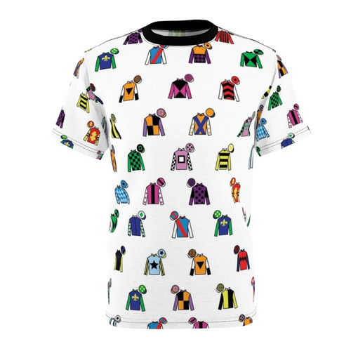 Vibrant t-shirt design featuring colorful horse racing jockey silks