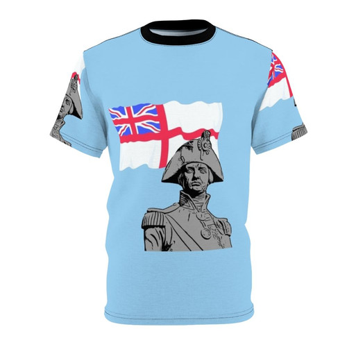 Vintage-style t-shirt featuring a graphic of Admiral Horatio Nelson, a famous naval hero from the Battle of Trafalgar.