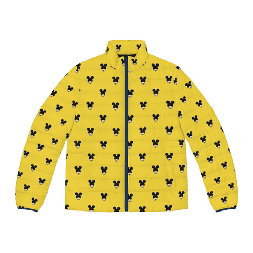 Woman wearing a yellow puffer jacket with a paparazzi mouse pattern design