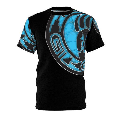 Closeup of a vibrant native american-inspired bear paw design printed on a t-shirt