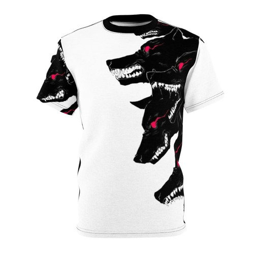 Artistic wolf design t-shirt with red eyes and teeth against a black background