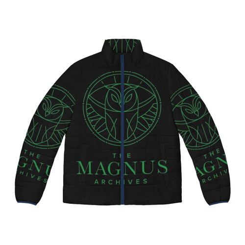 All Seeing Owl Puffer Jacket with a detailed owl design, perfect for fans of The Magnus Archives podcast