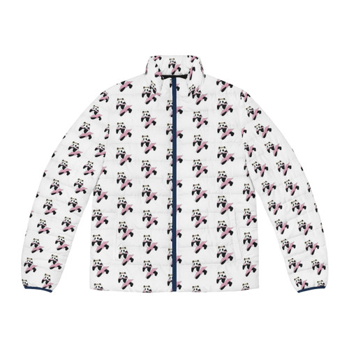 Panda wearing a puffer jacket in a snowy forest