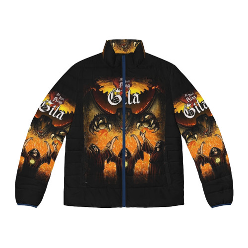 King Gizzard and the Lizard Wizard inspired puffer jacket featuring a king gila dragon design
