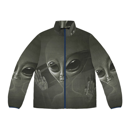 Alien puffer jacket with a cosmic, sci-fi inspired design