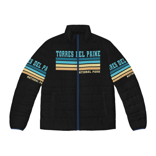 Torres Del Paine National Park Puffer Jacket with mountains and lake in the background