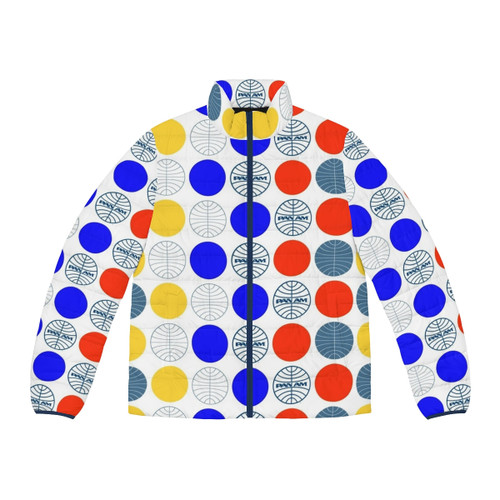 Vintage Pan Am Fan Art Puffer Jacket with Retro Airline Branding and Graphic Design