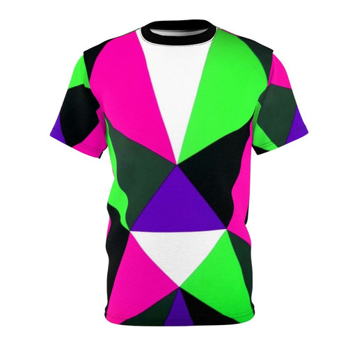 Bold retro neon color block t-shirt with vibrant triangle pattern design